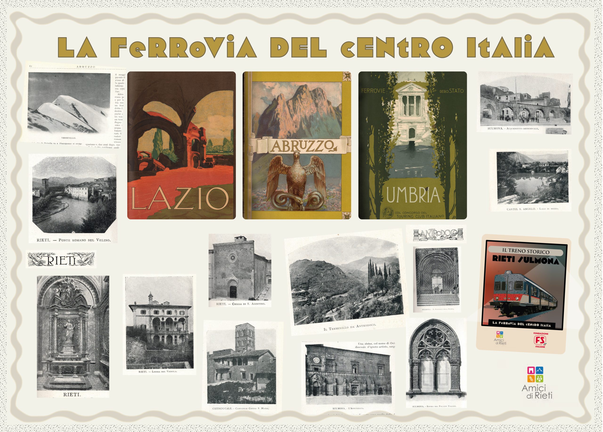 La Ferrovia del Centro Italia luogo del cuore_ Spigolature Fig-1 Cartolina con foto tratte da “Le Guide delle Ferrovie dello Stato. Touring Club Italiano, 1907-1908”. Elaborazione Mant Design Studio