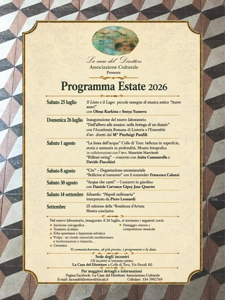 Eventi-Estate 2026 alla Casa del Direttore: musica, arte e cultura sulle rive del Lago del Turano Eventi-Estate 2026 alla Casa del Direttore: musica, arte e cultura sulle rive del Lago del Turano